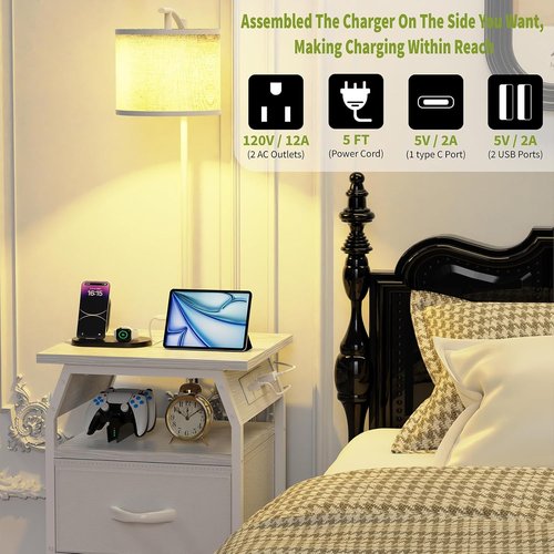Runjuly Floor Lamp with Table - 3-Color Temperature Bulb & 2 Drawers | Stylish Side Table for Bedroom & Dorm - White