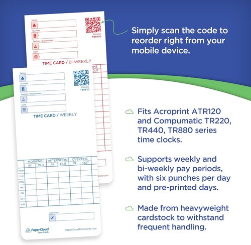 PaperCloud Time Cards - Weekly/Bi-Weekly Format, 3.38 x 7.25 Inches, 100-Pack