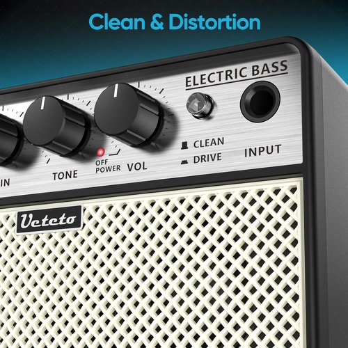 Ueteto 10W Mini Bass Amp, Portable and Rechargeable Bass Guitar Practice Amplifier with Clean and Drive Channels