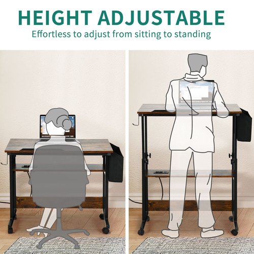 YITAHOME Height Adjustable Table with Charging Station, Portable Desk with Wheels, Small Standing Rolling Computer Desk with Tiltable Tabletop and Storage Bag, Brown