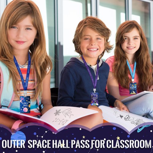 8 Set PVC Hall Pass Lanyards Outer Space Unbreakable Hall School Passes Teacher Supplies for Classroom Elementary Middle School Bathroom Library Office Nurse