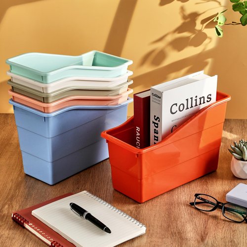 6 Pack Book and Binder Holders Boho Book Bins for Classroom Organization Premium Plastic Boxes Baskets Storage Containers for Library Home Office Teacher Supplies Accessories School Classroom Decor