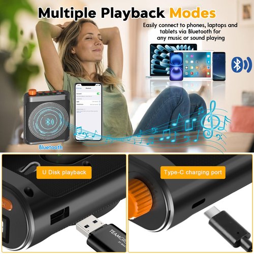 Voice Amplifier with Magnetic Wireless Lavalier Lapel Microphone for Teachers, Portable Bluetooth Speaker with 2pcs Clip-On Microphones,Mini Megaphone Speaker PA System for Classroom/Yoga/Meeting