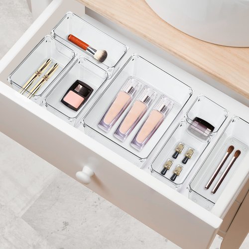 Ravinte 16 PCS Drawer Organizer Plastic Storage Bins, 5 - Size Kitchen Drawer Organizer with Non-Slip Pads Clear Desk Storage Tray for Makeup, Jewelries, Kitchen Utensils and Office