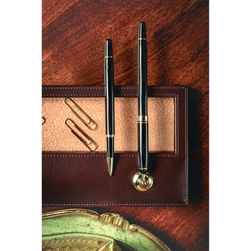 Dacasso Chocolate Brown Leather Double Gold Accents Pen Stand