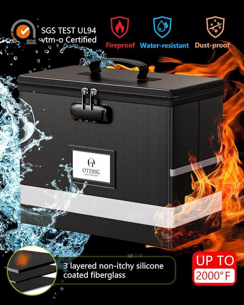 Oterri Fireproof Document Box - Portable File Safe with Lock | Waterproof & Collapsible, Black