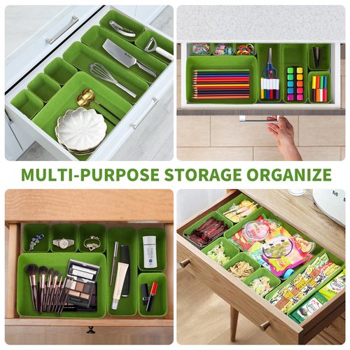 POTTIIS 8pcs Drawer Organizers, Separators, Storage Box,Felt Storage Bins Inserts Tool Containers Toy Basket Shelf Cubes Foldable Drawer Dividers Desk Organisers - Green&Grey