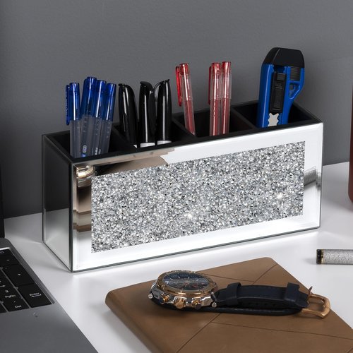 blingworld Mirrored Pen Holder 4 Compartments, Crushed Diamond Pencil Holder for Desk Glass Pen Organizer Cup for Countertop Accessory Storage, Silver