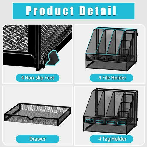 Desk File Organizer, 4 Vertical Compartments Rack + 4 Pen Holders + Drawer File Organizer, Metal Desk Magazine Folder Holder for Office, Home, School, Black