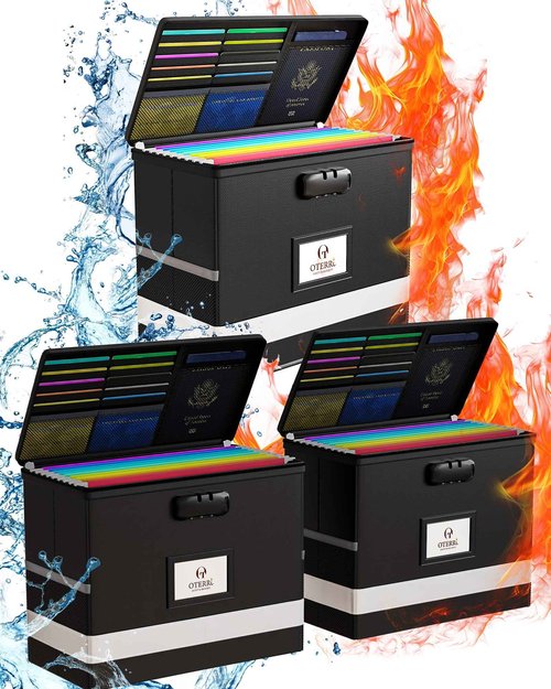 Oterri Modern Fireproof Document Box With Lock, Portable Letter Size File Safe Box, Collapsible File Organizer with Side Pockets