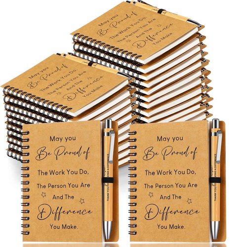 Yeaqee 30 Sets Employee Appreciation Gift Thank You Gifts 30 Pcs Inspirational Spiral Kraft Notebook and 30 Pcs Motivational Bamboo Pen Retractable Wooden Pen for Colleague Employee Nurse Teacher