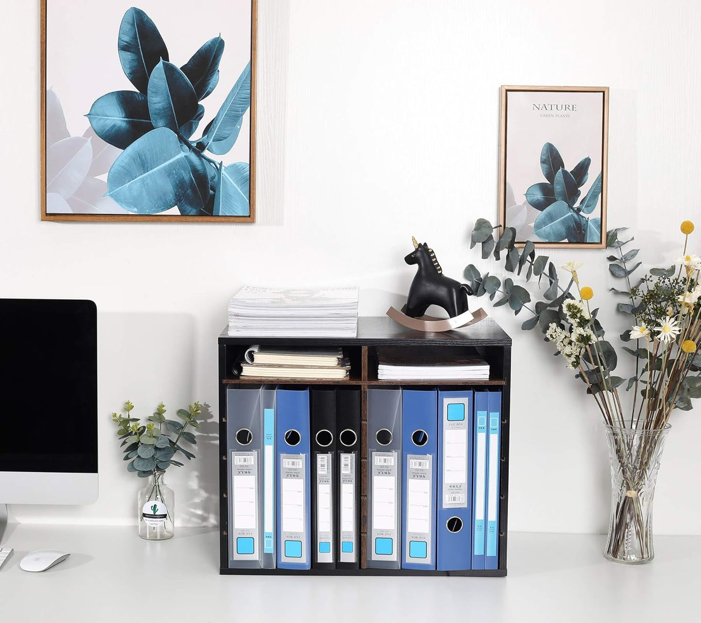 TQVAI Wood Literature Organizer - 12 Slot A4 Paper Storage with Adjustable Shelves | Black/Archaize Finish