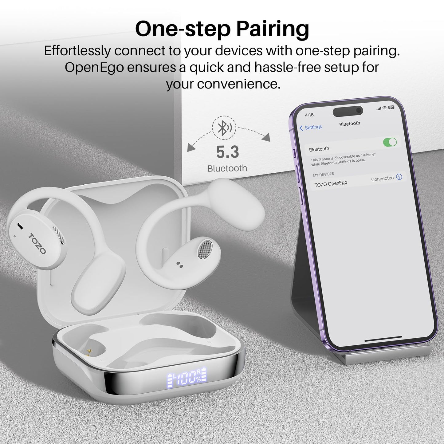 TOZO OpenEgo Open Ear Earbuds Bluetooth Headphones, 5.3 Bluetooth Sport Earbuds with Earhooks for 80Hrs Playtime,32 EQ Modes, Digital Display, Clear Calls, Comfortable Wear for Running, Work