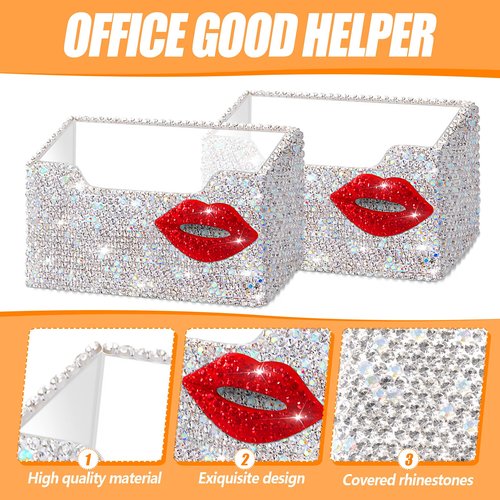 2 Pcs Funny Bling Business Card Holder for Women Valentines Day Business Card Holder Red Lip Rhinestones Acrylic Card Holder Business Card Organizer Desk Business Name Card Holder Stand for Women