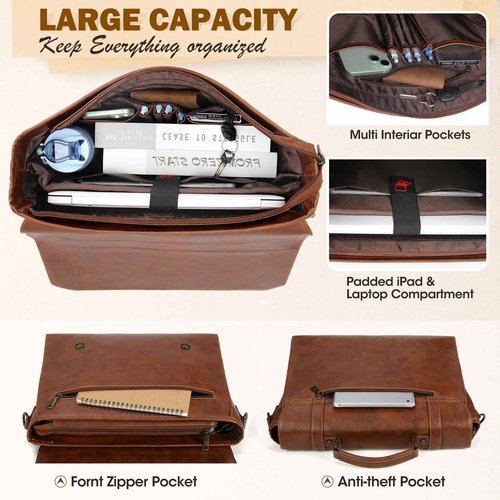 RAINSMORE Mens Messenger Bag 18 Inch Waterproof Vintage Leather Laptop Briefcase Large Laptop Bag Satchel Bag Computer Shoulder Bag for Office Business Travel College,Brown