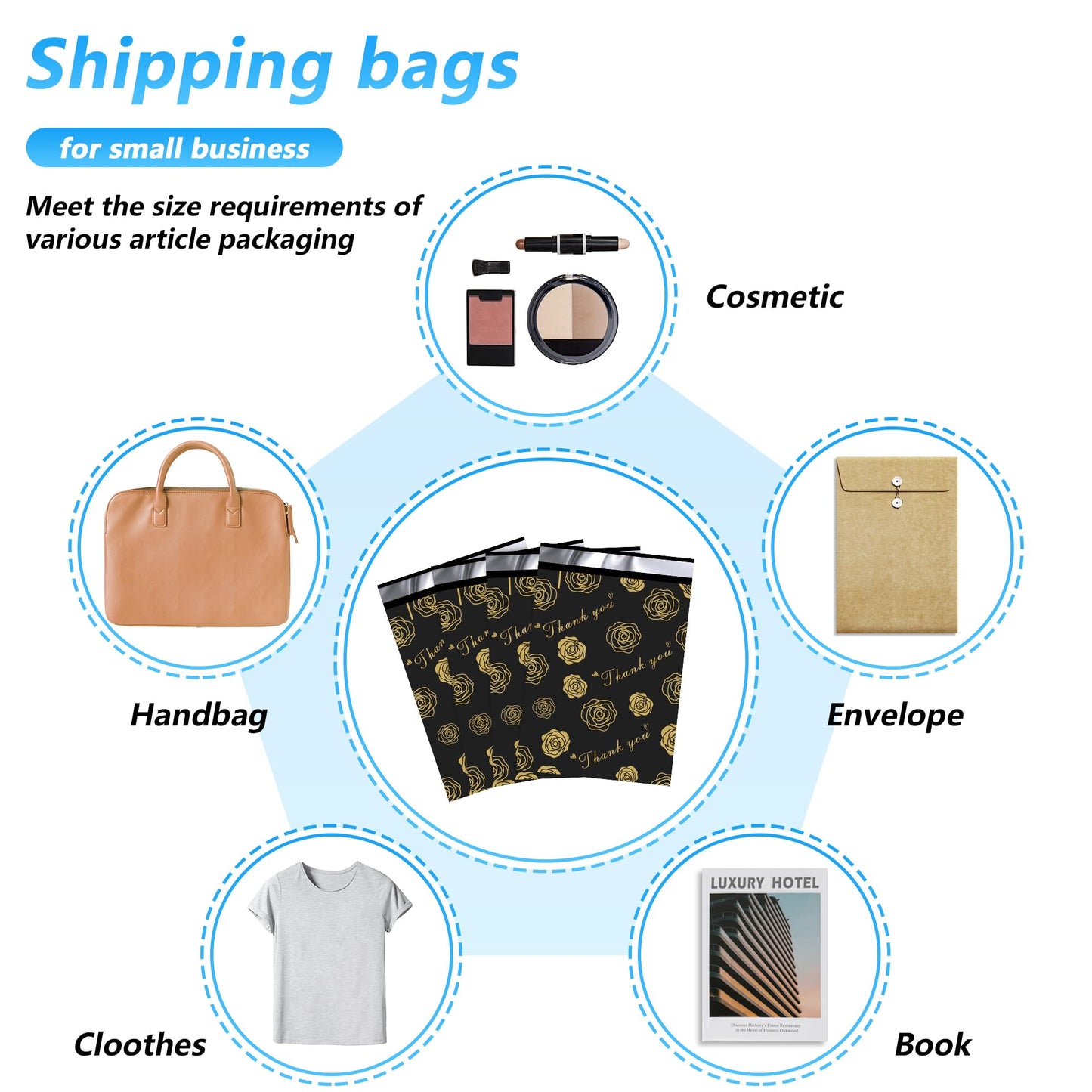 Jowlroel Thank You Poly Mailer 10x13 Inch 100 Pcs, Waterproof and Tear-Resistant Shipping Bags for Clothing, Strong Mailing Bags with Self-Seal, Gold Rose Printed Packaging Bags for Small Business