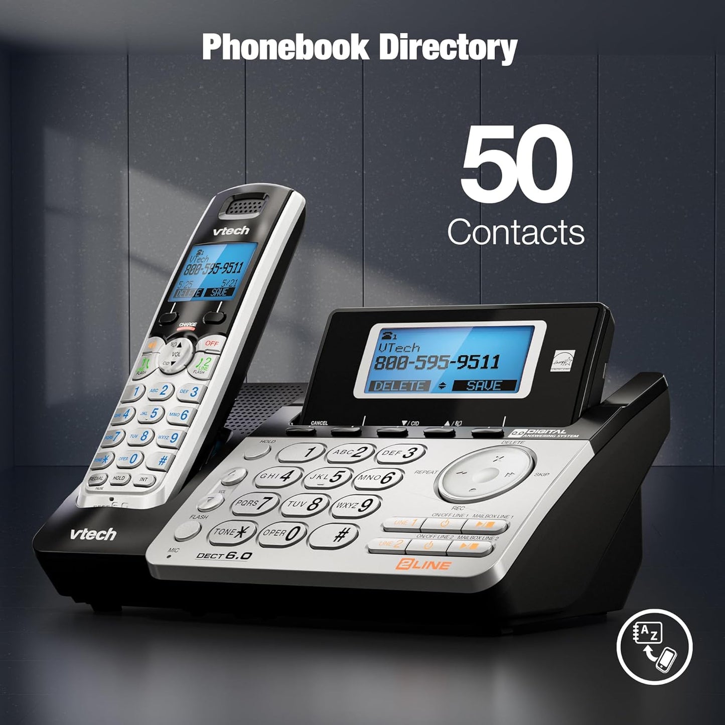 VTech 2-Line Cordless Phone - Home & Business Use with Answering System | Caller ID, Intercom, Hearing Aid Compatible (Black/Silver)