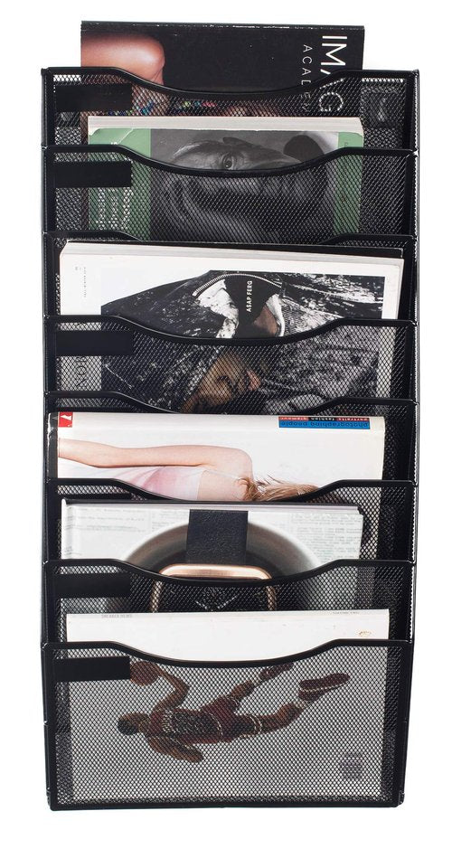 Klickpick Office 8 Section Hanging Files Wall Mounted Metal Mesh Document Organizer Magazine Holder Rack Multipurpose Use to Display Files, Magazines, Newspapers - Black