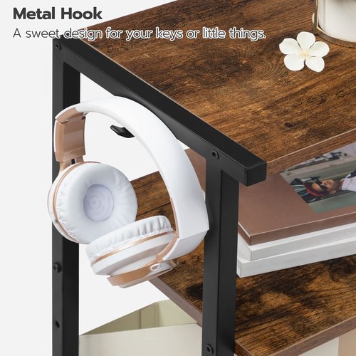 HOOBRO Industrial Printer Stand with Charging Station, 3-Tier Printer Table, Rolling Printer Cart with Adjustable Shelf and Hook, Rustic Brown and Black BF28UPS01