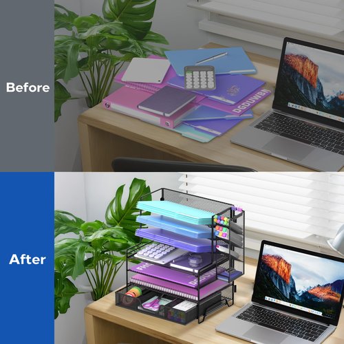 7 Tier Desk File Organizer, Letter Tray Paper Organizer with Pen Holder & Drawers for Office Home, Metal Desktop Organizers and Accessories for Study and Workspace，Black