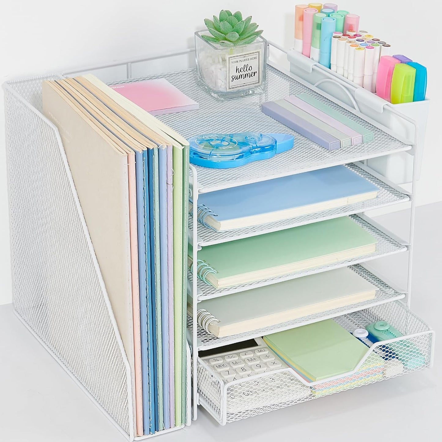 Skiennix Desk Organizer - 5-Tier Paper Letter Tray with File Holder & Drawer - White