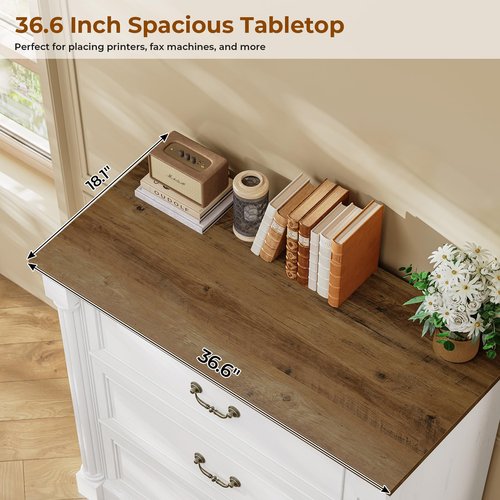 3 Drawer File Cabinet, Farmhouse Filing Cabinet for Letter/Legal Size, Wooden Extended Desktop, Wood Lateral File Cabinets with Printer Stand for Home Office, Framed Drawer Fronts, Antique White