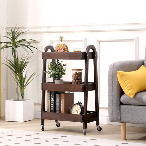 Kersiki 3-Tier Wooden Rolling Cart- Wooden Utility Cart wit Wheels- Utility Rolling Cart-Storage Trolley Organizer- Rolling Kitchen Cart Serving Cart for Office,Kitchen, Kids' Room (Walnut Color)