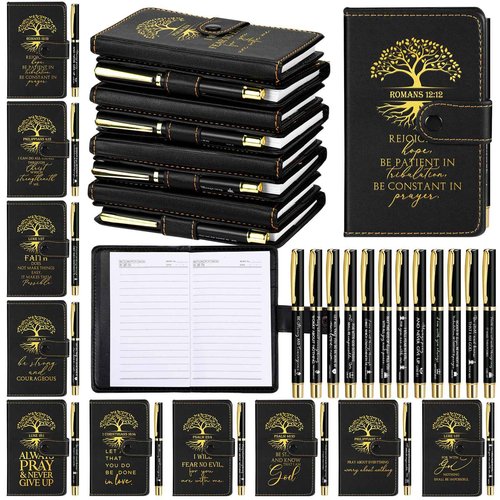 Spakon 20 Sets Christian Gifts Bulk Church Leather Notebook with Pen Pastor Appreciation Gifts Clergy Sunday School Teacher Prayer Journal Religious Bible Study Supplies (English Tree of Life)
