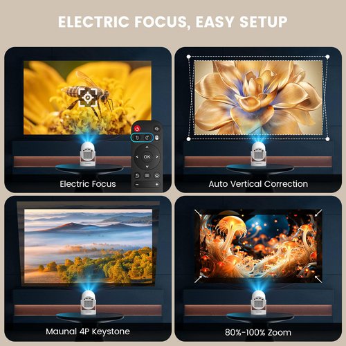 Electric Focus - Projector 4K Support, Mini Projector with Wifi6 and Bluetooth, HY300pro Upgrade Enhanced Version Smart Proyector, 5w Speaker, Electric Focus, Auto Keystone Correction, 35"-130" Screen