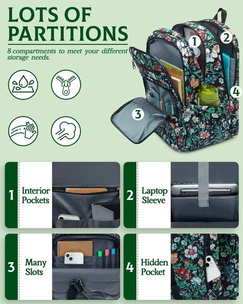 FOKDUVB Large Backpack for Women Backpack with Lots of Pockets for Travel Work School Bookbag with Laptop Compartment for High School College Girls Mochilas Morrales para Mujer (Green, Floral)