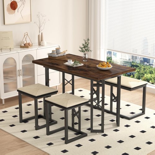 VECELO 43.3" Dining Table Sets, Farmhouse Kitchen Table for 4 with 3 Seats & Wicker Seat Cushions,Metal Frame Space-Saving Adjustable Feets Coffee Table for Home Kitchen Dining, Dark Brown