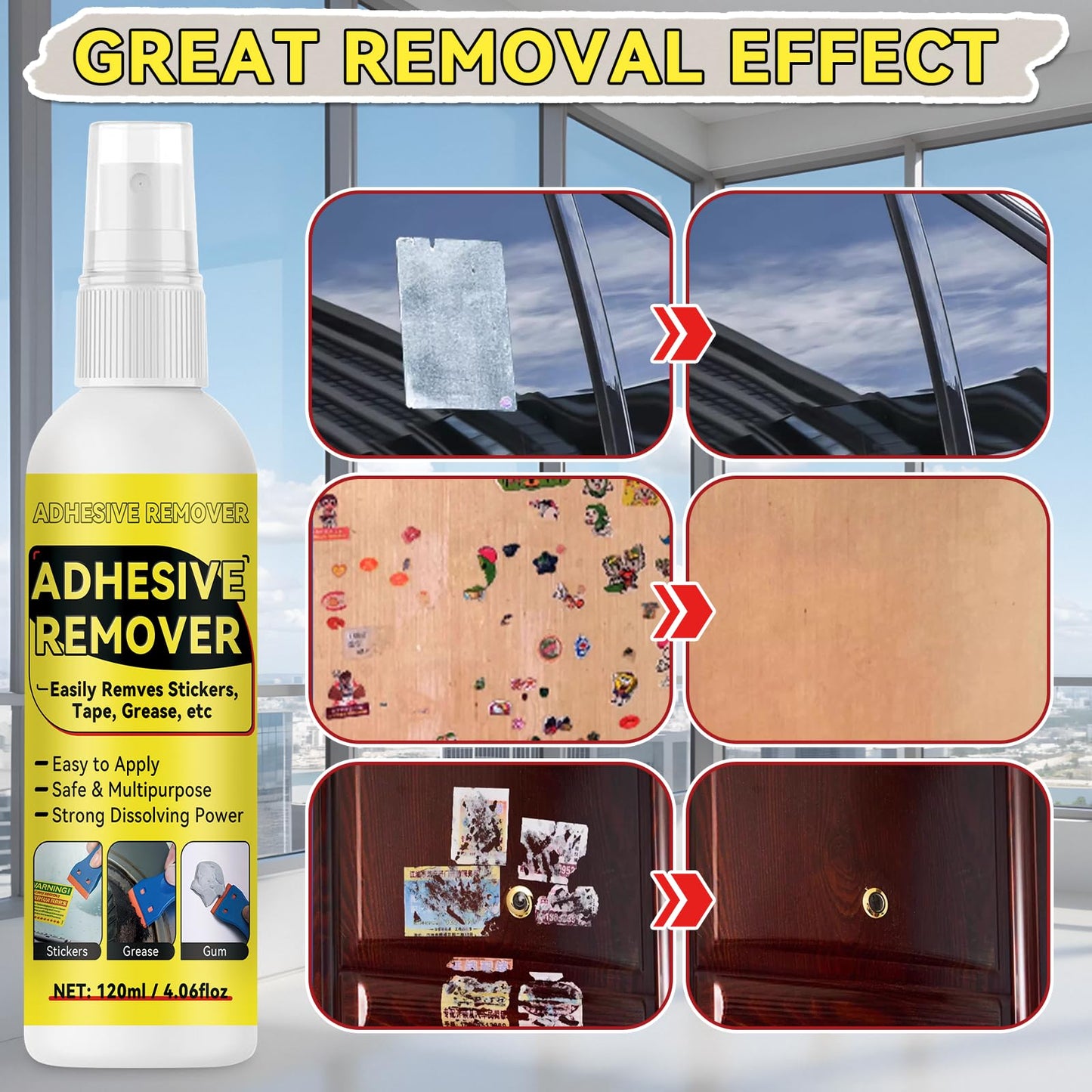 Nexkayee Adhesive Remover, Multipurpose Sticker and Label Cleaner, Surface-Safe Glue Remover with Plastic Scraper, Quickly Removes Decals, Tape Residue, Gum, Tar and Grease, 4.06 fl oz (120ml)