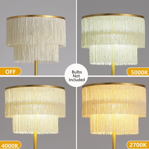 YEPOLI 2 Light Gold Boho Floor Lamp with 2-Tier Tassels/Fringe Lampshade,66" Tall Mid Century Standing Bedroom Lamp,Soft Lighting Nursery Floor Lamp for Bedroom Livingroom