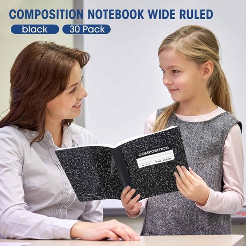 Fumete 30 Pcs Composition Notebooks Bulk Wide Ruled Composition Notebook 140 Page (70 Sheet) Black Marble Journal Book, 9.75 x 7.5 Inch Bulk Back to School Supplies Office Notebook for School College