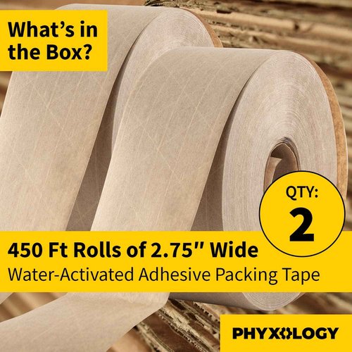 Ultra-Durable Water-Activated Tape for Secure Packing 2Pk. 2.75 in 450 Ft Brown Kraft Gum Tape Provides Heavy Duty Adhesive for Packaging and Shipping. Fiberglass Reinforced for Extra Strong Bond.