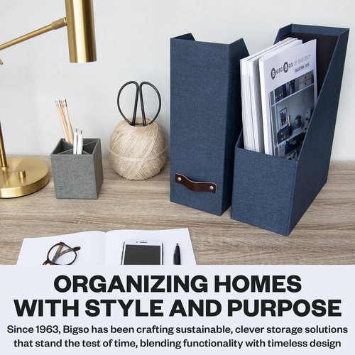 Bigso Box of Sweden Estelle Canvas Fiberboard Upright Magazine Holder and Organizer for Papers and Catalogs with Leather Handle - Magazine File Holder for Office Desks - 12.6in x 4.5in x 9.8in - Blue