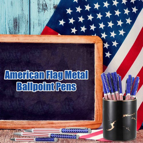 Gueevin 60 Pcs American Flag Ballpoint Pen Patriotic 4th of July Metal Pens USA Themed Slim Retractable Pens Bulk Black Ink 0.7 mm for Independence Day Veteran Swat Souvenir Gifts(Silver)