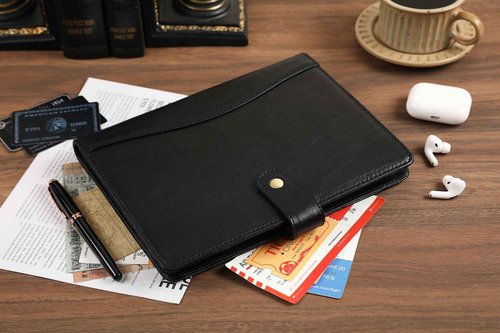 Small Portfolio Binder with Clipboard - A5 Binder Padfolio for Men Mini 5x8 Portfolio Folder with Legal Pad Holder for Business Meetings - Oil Black