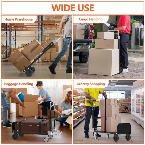 3 in 1 Heavy Duty Folding Hand Truck, Convertible Portable Steel Dolly with Telescopic Handle, Foldable Utility Cart with Rubber Wheels, 500 LBS