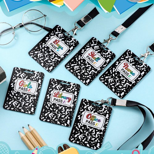Sabary 6 Sets Composition Hall Passes Wooden Bathroom Pass Lanyards Notebook Style Unbreakable Classroom Passes Gift for Bathroom Office Library Nurse School Supplies(Black)