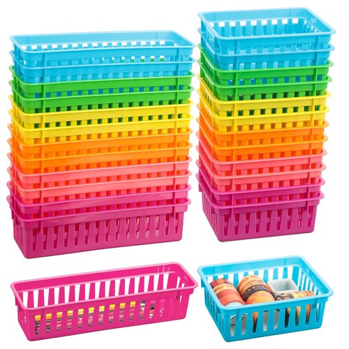 24 Pcs Small Colorful Plastic Classroom Storage Baskets 12 Pcs 10 x 3 x 2.5 Inches Small Pencil Holder Tray 12 Pcs 6 x 4.7 x 2.4 Inches Organizer Tray Plastic Bins Storage for Desk School Office