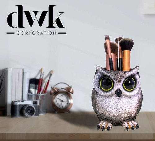 DWK Grey Owl Makeup Brush Holder Organizer Caddy | Handmade Bath Products and Makeup Organizer for Vanity | Farmhouse Gifts Owls Decor Cute Statues for Home Decor - 4"