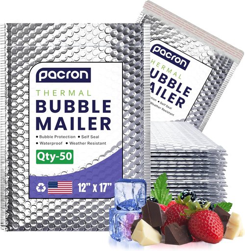 Insulated Silver Thermal Bubble Mailers by [Brand Name] - 50-Pack Waterproof Self-Sealing Padded Envelopes 12 x 17 for Cold Shipping