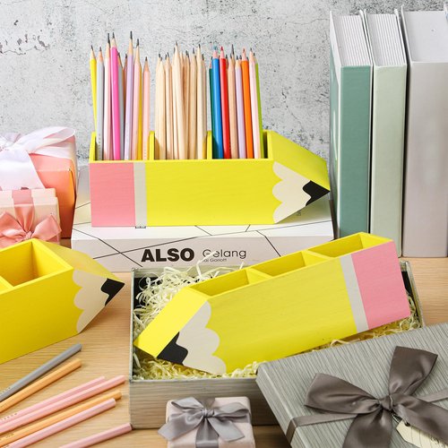 4 Pcs Pencil Shaped Pen Holders Wooden Desk Pen Pencil Dispensers Back to School Gifts DIY Desk Stationery Storage for Students Teacher Appreciation Gifts School Classroom Office Supplies