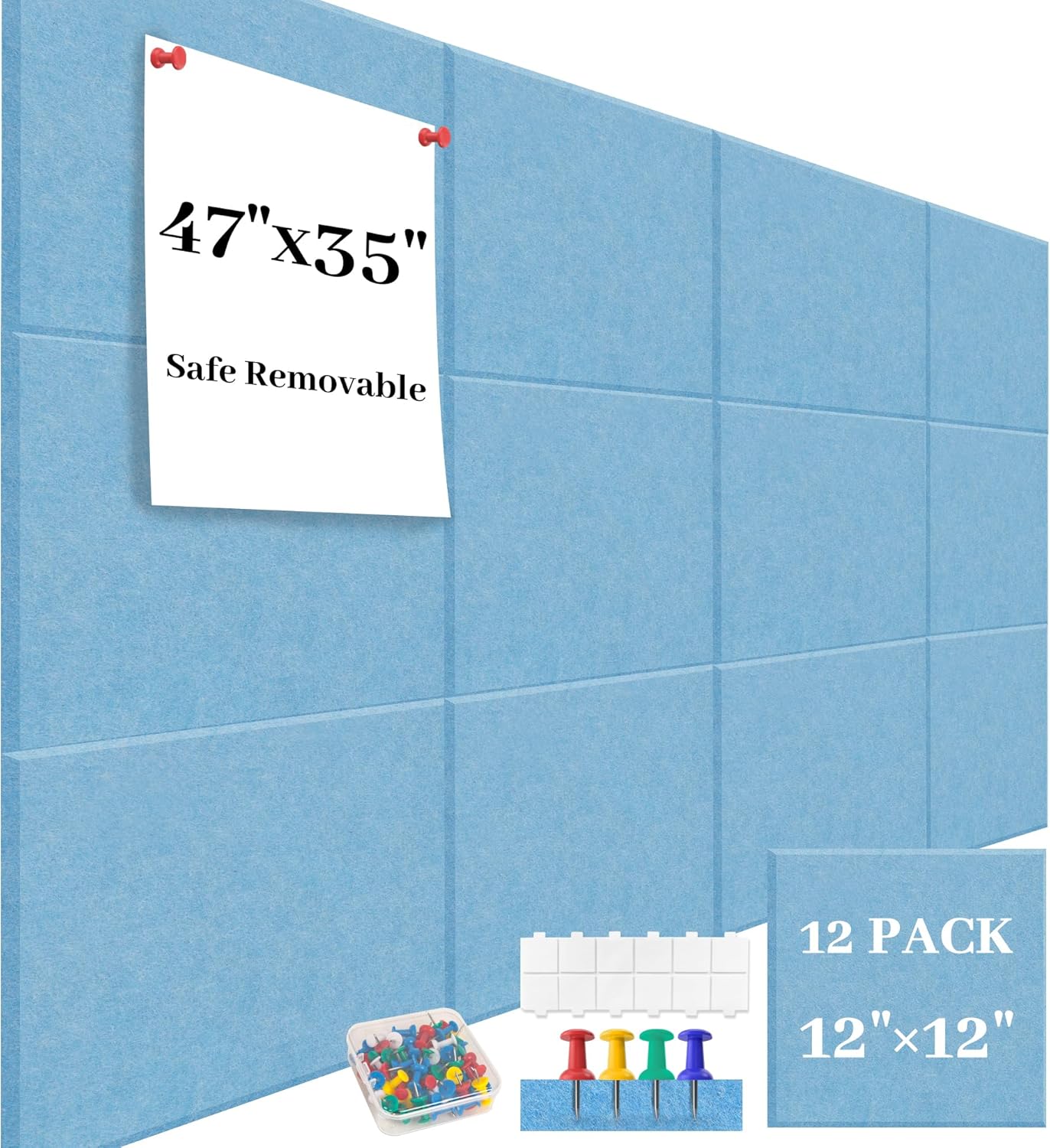 Skiennix Large Blue Felt Bulletin Board Tiles - 12-Pack Wall Organizer for Office Decor