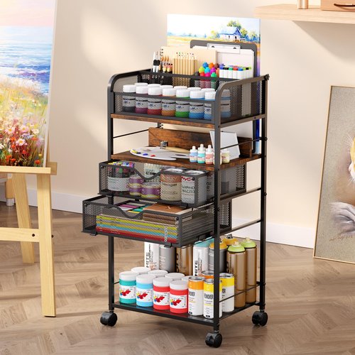 Art cart, 5 Tier Rolling Cart - Utility Cart with Storage Drawer and Wheels, Versatile Art & Craft Organizer for Home, Office, or Studio Ideal for Storing Brushes, Paints