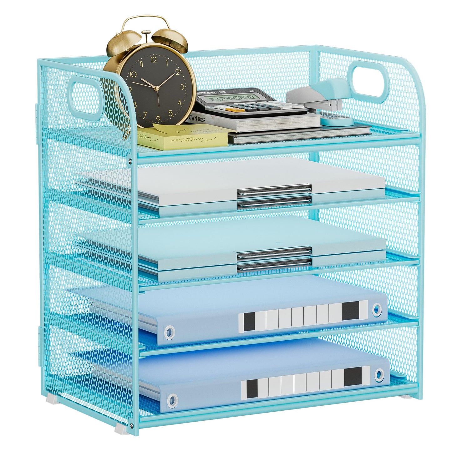 Kinkota Paper Organizer Letter Tray with Handle Mesh 5-Tier Stackable Desk Organizer for Files/Paper/Office Supplies, Sturdy Carbon Steel Desk Organizer for Home Office & Classroom