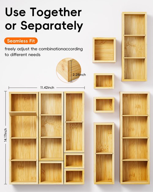 VA1KENE Desk Drawer Organizer Tray Set of 6 – Bamboo Office Storage Boxes with 12 Compartments for Office Supplies, Cosmetics, Jewelry and More