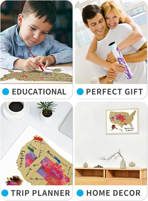 JARLINK USA Scratch Off Map Poster - 12x17 Inches Travel Map with Unique Accessories Set