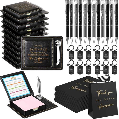 Resurhang 12 Set Employee Appreciation Gifts Bulk Inspirational Gifts Team Gift Bag PU Leather Notepad Holder with Pen Holder Team Keychain Ballpoint Pen Bulk Gifts for Colleagues Employees(Proud)